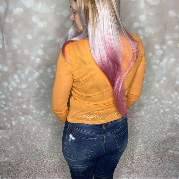 Long Sleeve Orange Mesh Embellished Top - Picture 4 of 15